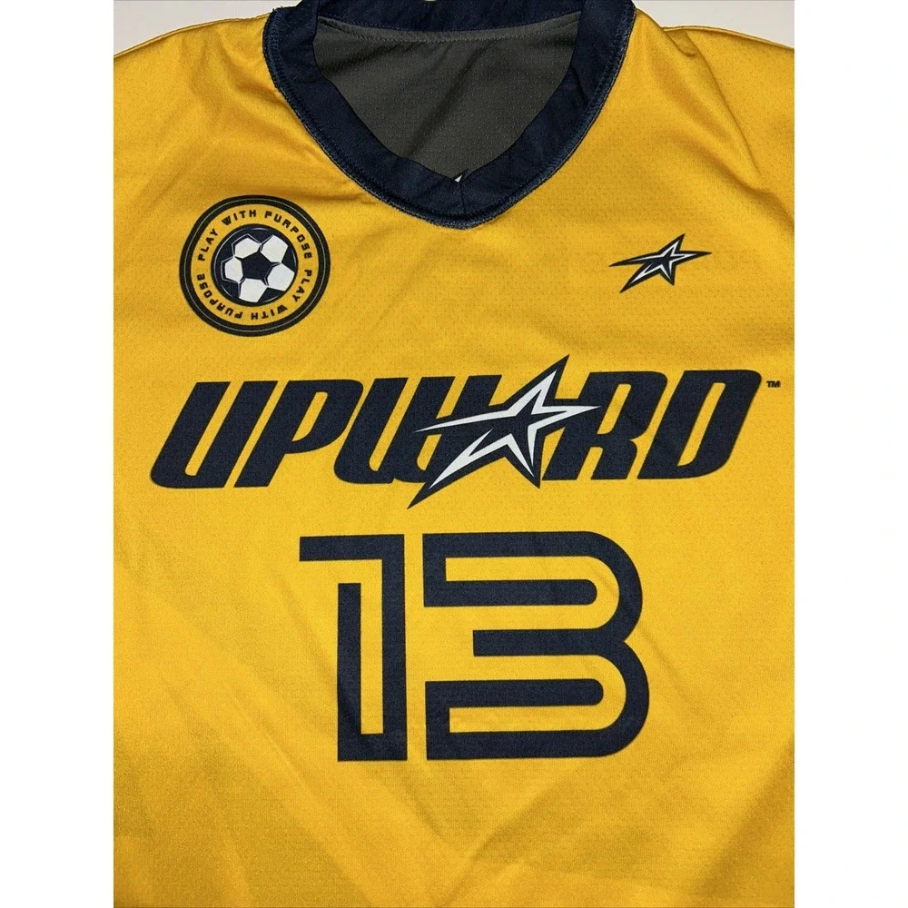 Upward Soccer Jersey Youth Large Yellow Gray Reversible Number 13‎ Short Sleeve